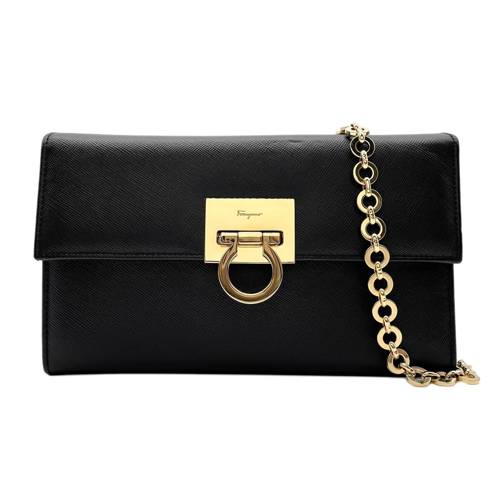 Salvatore Ferragamo Gancini Embossed Leather Chain Shoulder Bag, Black, Women's